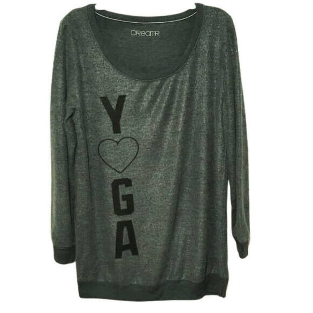 Dreamr Soft Fleece Sweatshirt Green Yoga Heart Graphic Top Athleisure Small NEW